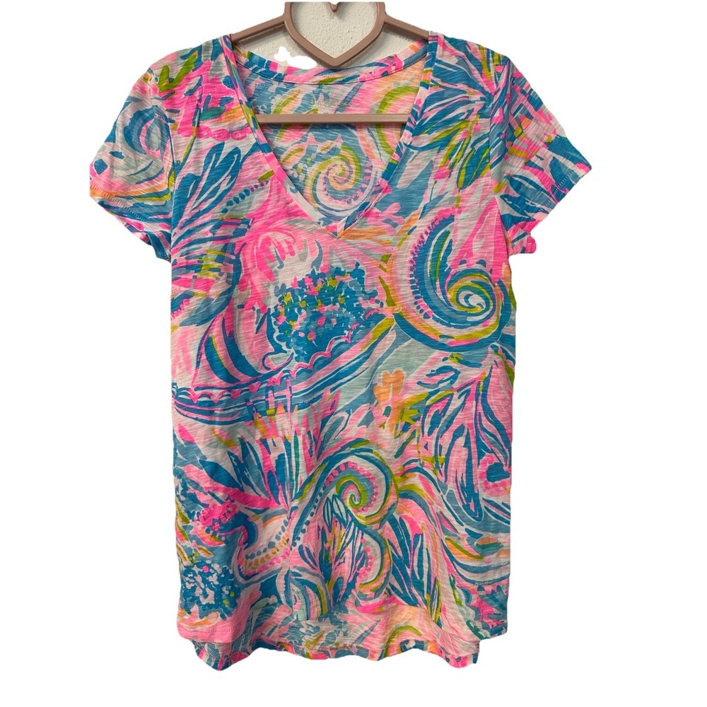 Lilly Pulitzer Shirt Womens XS Pink Blue Green Tropical V Neck Bright Resortwear